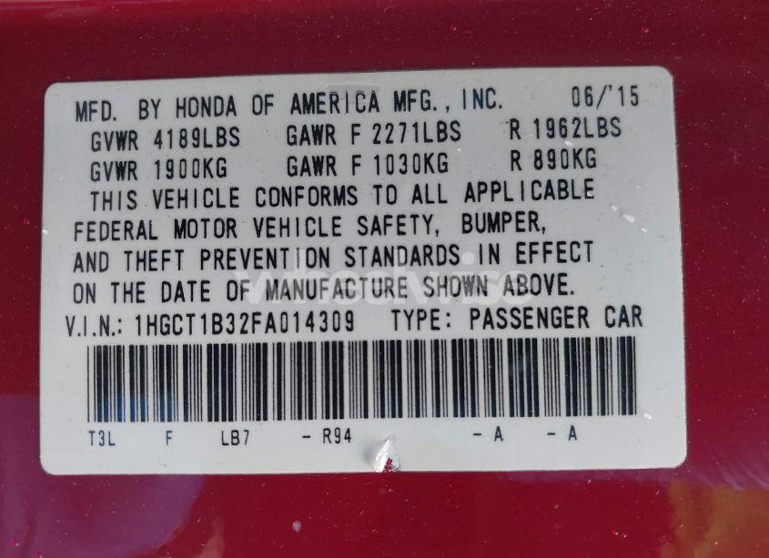 Photo 9 of 2015 Honda Accord LX-S (VIN 1HGCT1B32FA014309)