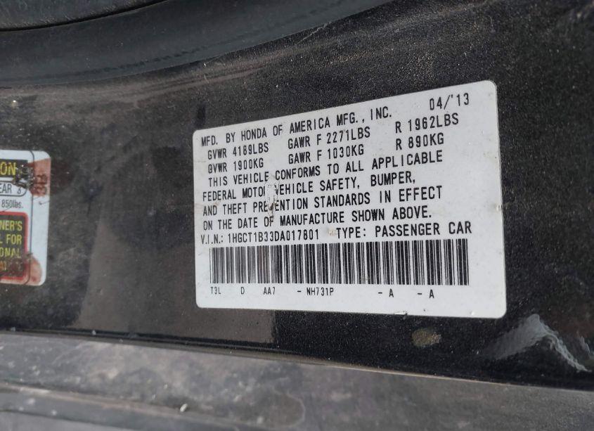 Photo 9 of 2013 Honda Accord LX-S (VIN 1HGCT1B33DA017801)