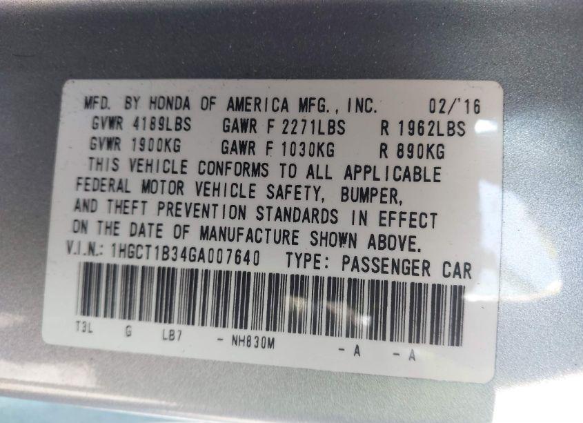 Photo 9 of 2016 Honda Accord LX-S (VIN 1HGCT1B34GA007640)