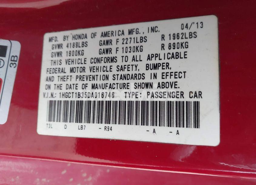 Photo 9 of 2013 Honda Accord LX-S (VIN 1HGCT1B35DA016746)