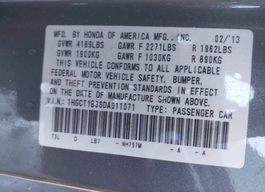 Photo 9 of 2013 Honda Accord LX-S (VIN 1HGCT1B36DA011071)