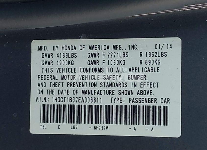 Photo 9 of 2014 Honda Accord LX-S (VIN 1HGCT1B37EA006611)