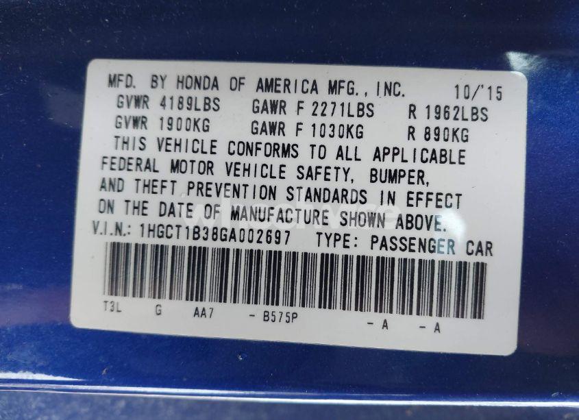 Photo 9 of 2016 Honda Accord LX-S (VIN 1HGCT1B38GA002697)