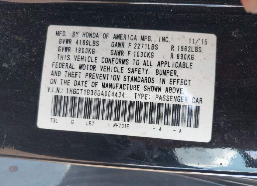 Photo 9 of 2016 Honda Accord LX-S (VIN 1HGCT1B38GA004434)