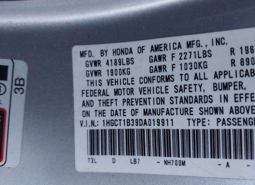 Photo 9 of 2013 Honda Accord LX-S (VIN 1HGCT1B39DA019911)