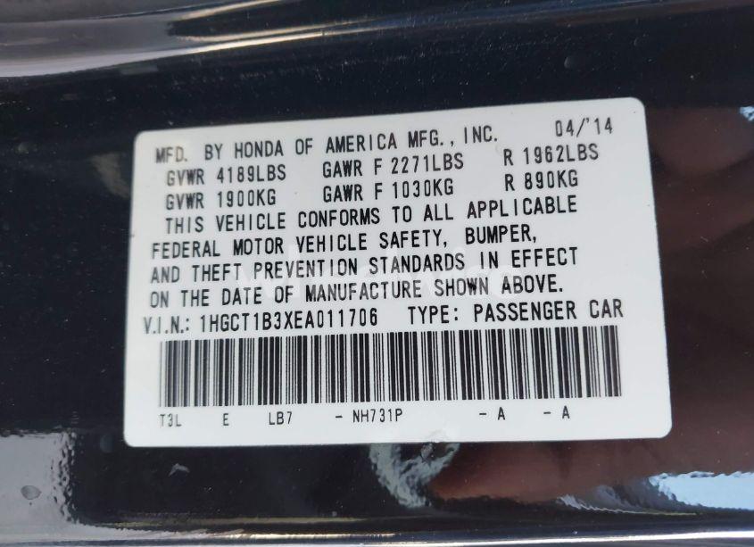 Photo 9 of 2014 Honda Accord LX-S (VIN 1HGCT1B3XEA011706)