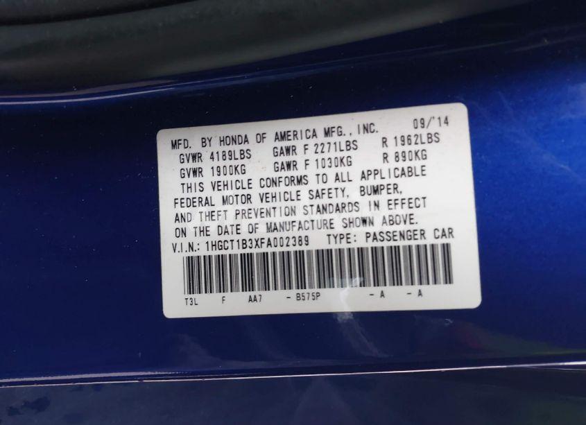 Photo 9 of 2015 Honda Accord LX-S (VIN 1HGCT1B3XFA002389)