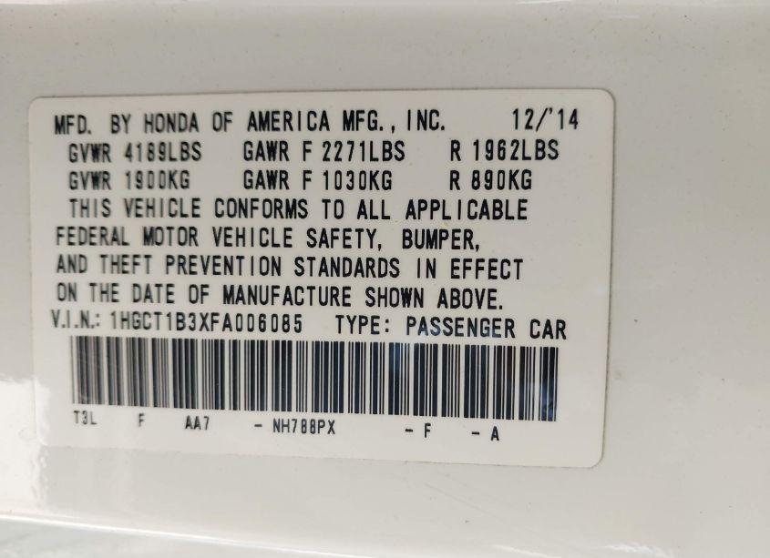 Photo 9 of 2015 Honda Accord LX-S (VIN 1HGCT1B3XFA006085)