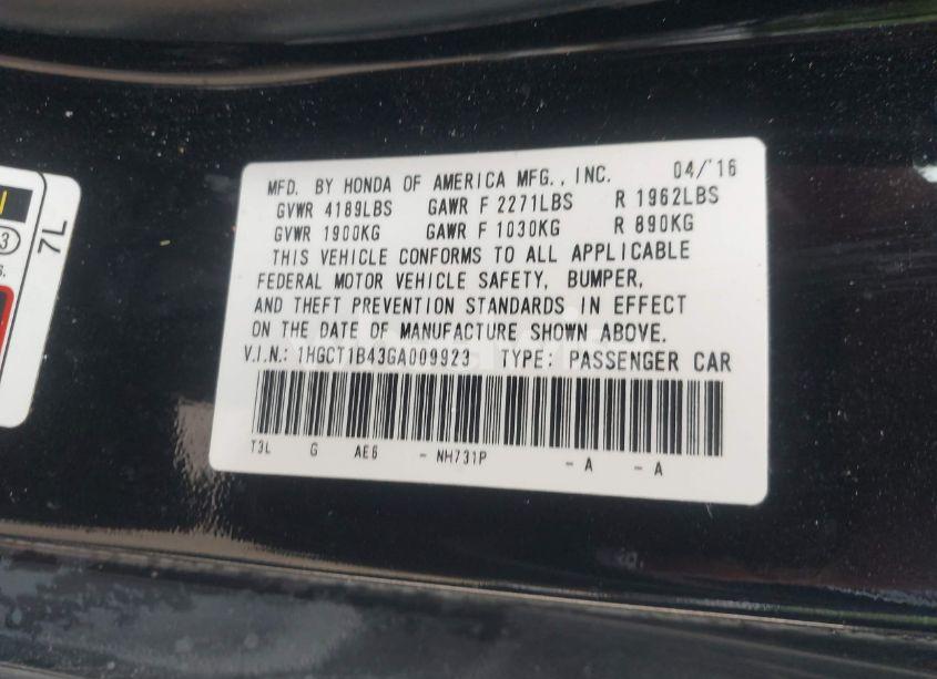 Photo 9 of 2016 Honda Accord LX-S (VIN 1HGCT1B43GA009923)