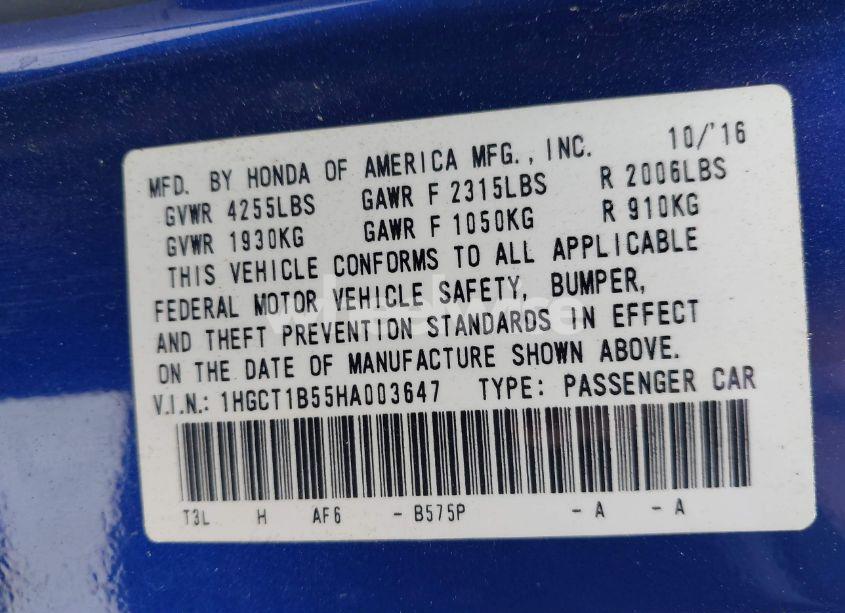 Photo 9 of 2017 Honda Accord EX (VIN 1HGCT1B55HA003647)