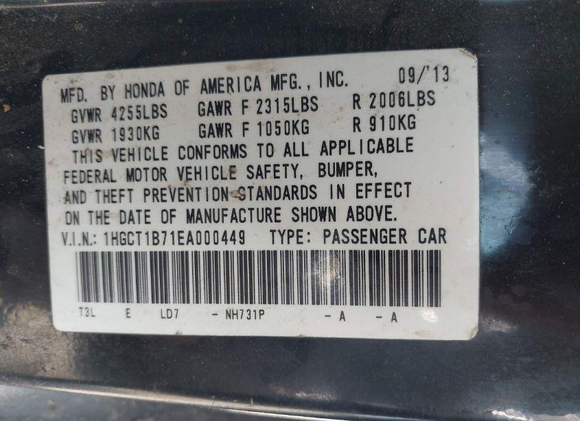 Photo 9 of 2014 Honda Accord EX (VIN 1HGCT1B71EA000449)