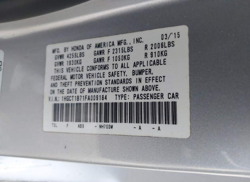 Photo 9 of 2015 Honda Accord EX (VIN 1HGCT1B71FA009184)