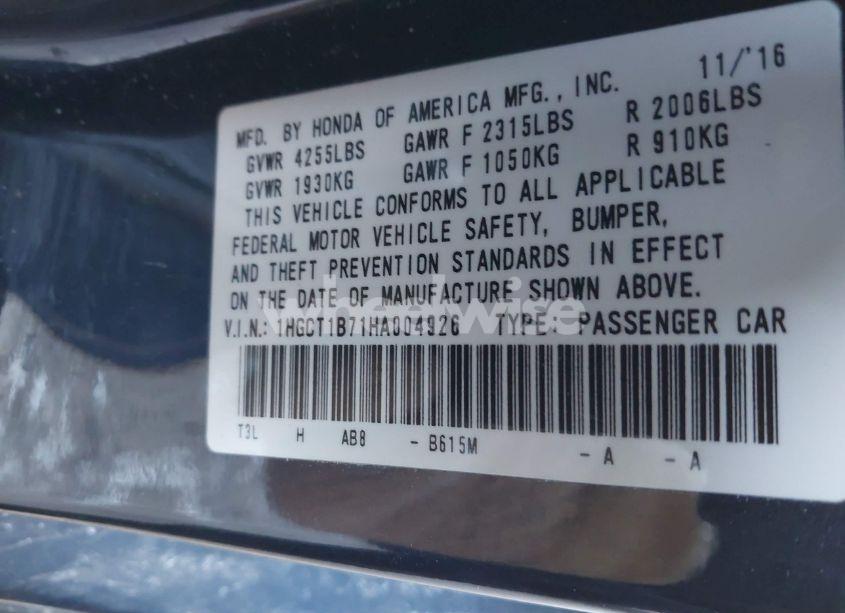 Photo 9 of 2017 Honda Accord EX (VIN 1HGCT1B71HA004926)