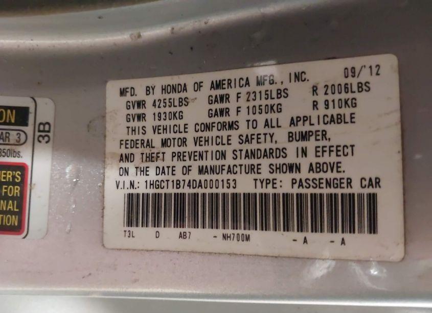 Photo 9 of 2013 Honda Accord EX (VIN 1HGCT1B74DA000153)