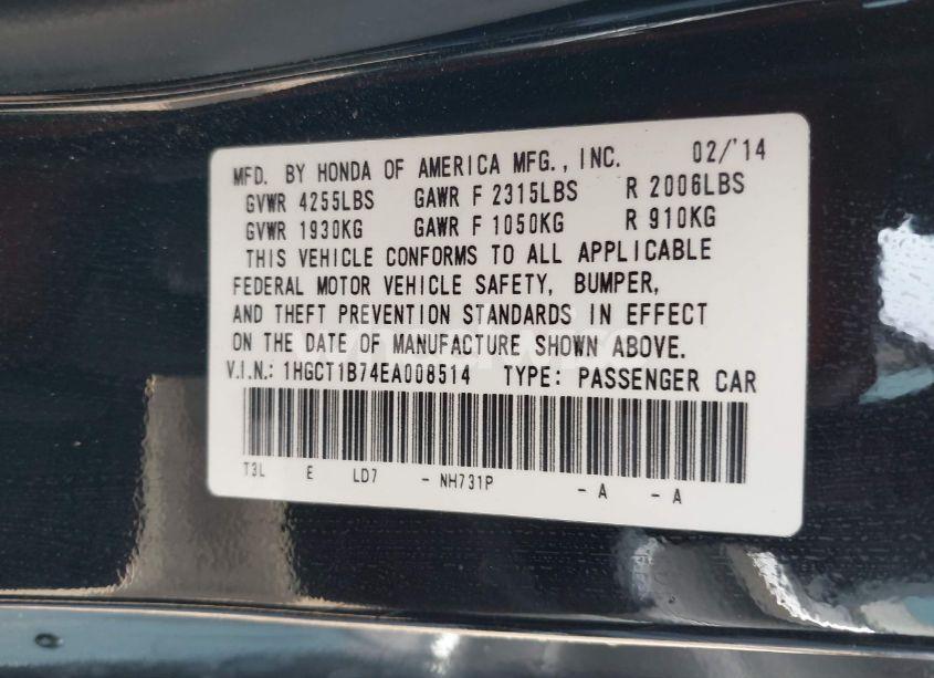 Photo 9 of 2014 Honda Accord EX (VIN 1HGCT1B74EA008514)