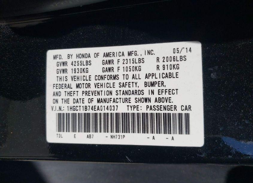 Photo 9 of 2014 Honda Accord EX (VIN 1HGCT1B74EA014037)