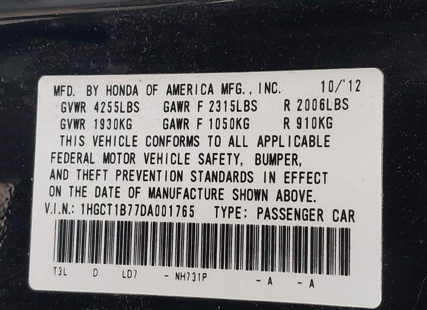 Photo 9 of 2013 Honda Accord EX (VIN 1HGCT1B77DA001765)