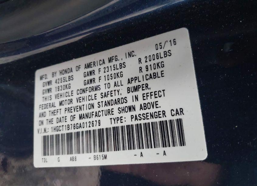 Photo 9 of 2016 Honda Accord EX (VIN 1HGCT1B78GA012679)