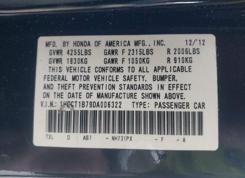 Photo 9 of 2013 Honda Accord EX (VIN 1HGCT1B79DA006322)