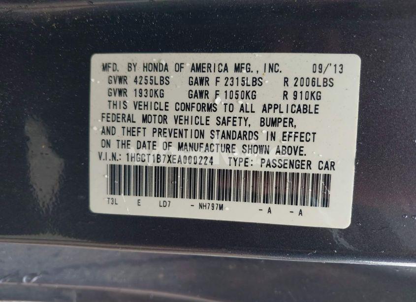 Photo 9 of 2014 Honda Accord EX (VIN 1HGCT1B7XEA000224)