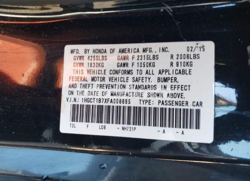 Photo 9 of 2015 Honda Accord EX (VIN 1HGCT1B7XFA008695)