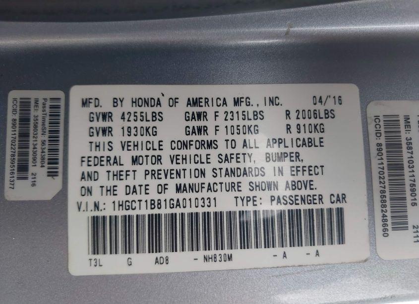 Photo 9 of 2016 Honda Accord EX-L (VIN 1HGCT1B81GA010331)