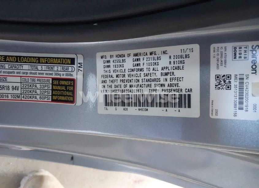 Photo 9 of 2016 Honda Accord EX-L (VIN 1HGCT1B82GA003971)