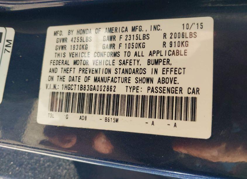 Photo 9 of 2016 Honda Accord EX-L (VIN 1HGCT1B83GA002862)