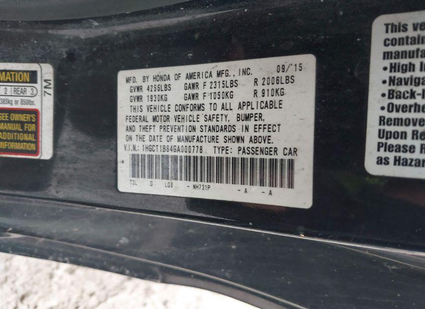 Photo 9 of 2016 Honda Accord EX-L (VIN 1HGCT1B84GA000778)