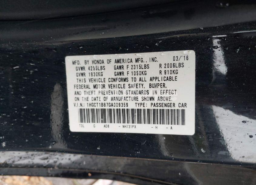 Photo 9 of 2016 Honda Accord EX-L (VIN 1HGCT1B87GA009359)