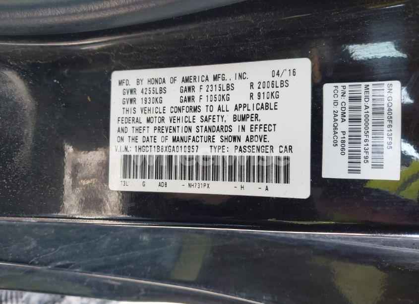 Photo 9 of 2016 Honda Accord EX-L (VIN 1HGCT1B8XGA010957)