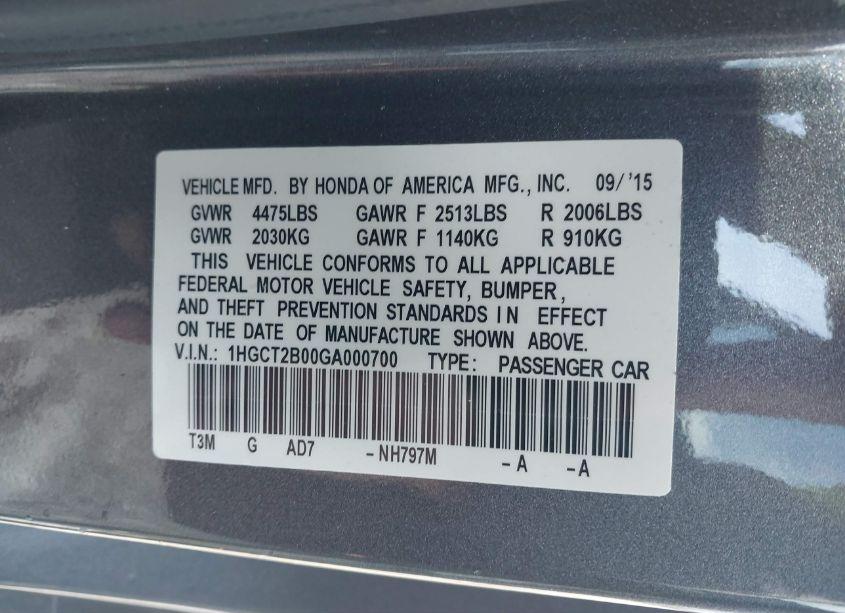 Photo 9 of 2016 Honda Accord TOURING (VIN 1HGCT2B00GA000700)