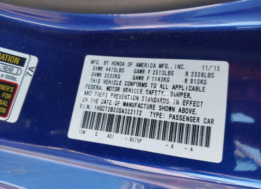 Photo 9 of 2016 Honda Accord TOURING (VIN 1HGCT2B00GA002172)