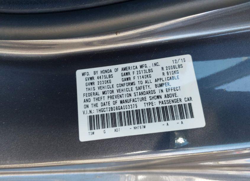 Photo 9 of 2016 Honda Accord TOURING (VIN 1HGCT2B08GA003375)