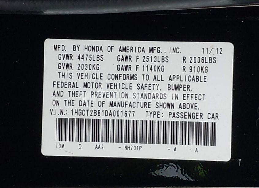 Photo 9 of 2013 Honda Accord EX-L V-6 (VIN 1HGCT2B81DA001677)