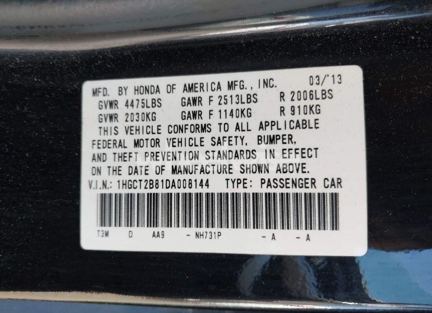Photo 9 of 2013 Honda Accord EX-L V-6 (VIN 1HGCT2B81DA008144)