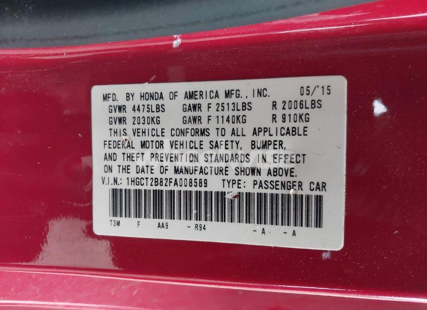 Photo 9 of 2015 Honda Accord EX-L V-6 (VIN 1HGCT2B82FA008589)