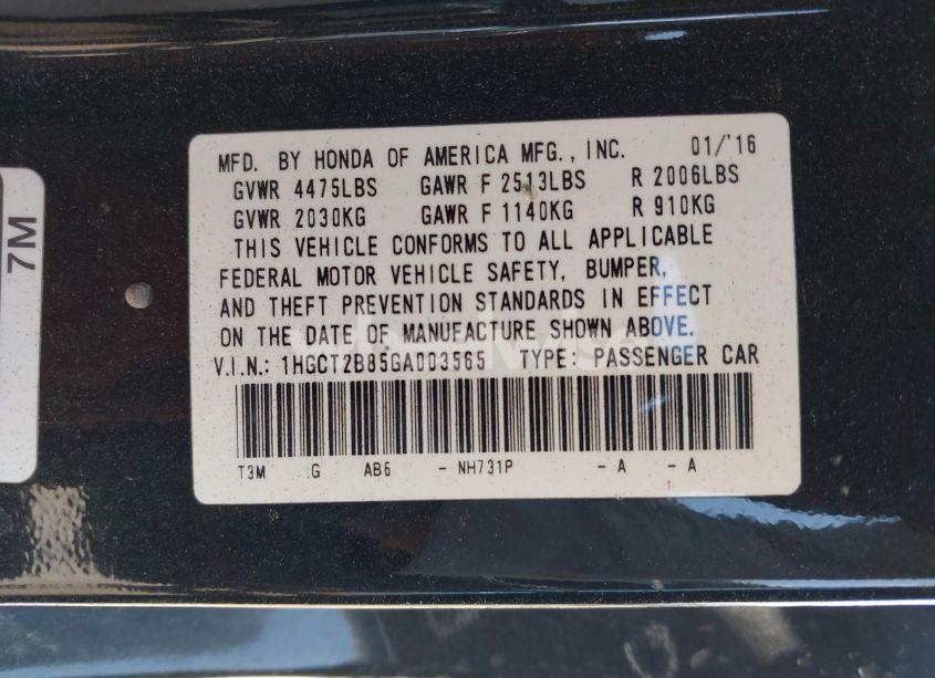 Photo 9 of 2016 Honda Accord EX-L V-6 (VIN 1HGCT2B85GA003565)