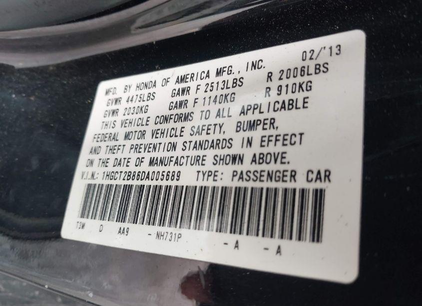 Photo 9 of 2013 Honda Accord EX-L V-6 (VIN 1HGCT2B86DA005689)