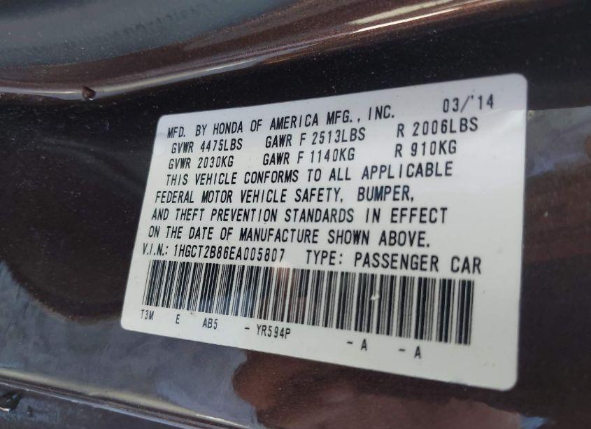 Photo 9 of 2014 Honda Accord EX-L V-6 (VIN 1HGCT2B86EA005807)