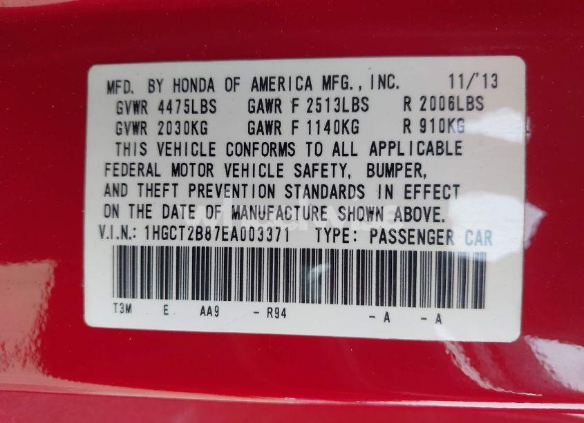 Photo 9 of 2014 Honda Accord EX-L V-6 (VIN 1HGCT2B87EA003371)