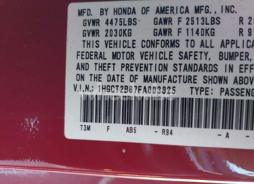 Photo 9 of 2015 Honda Accord EX-L V-6 (VIN 1HGCT2B87FA003825)