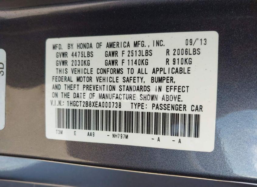 Photo 9 of 2014 Honda Accord EX-L V-6 (VIN 1HGCT2B8XEA000738)