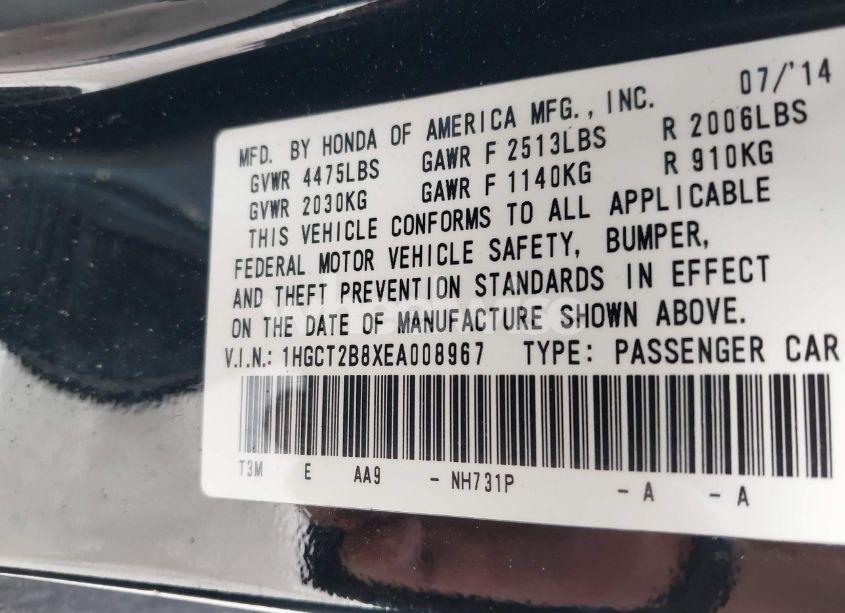 Photo 9 of 2014 Honda Accord EX-L V-6 (VIN 1HGCT2B8XEA008967)