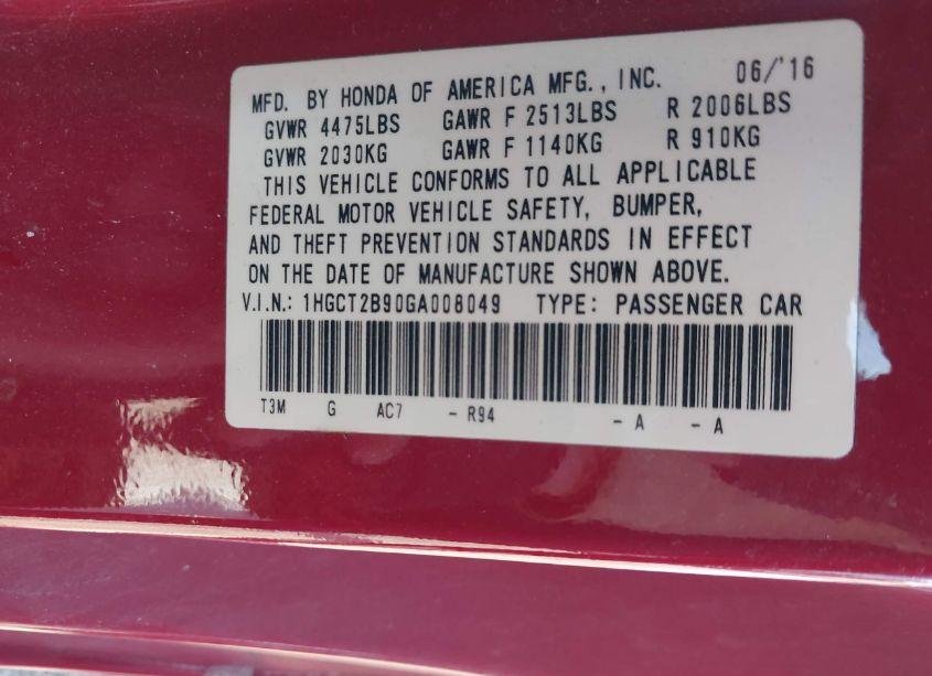 Photo 9 of 2016 Honda Accord EX-L V-6 (VIN 1HGCT2B90GA008049)