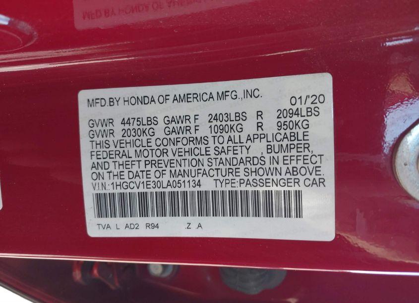 Photo 9 of 2020 Honda Accord SPORT (VIN 1HGCV1E30LA051134)