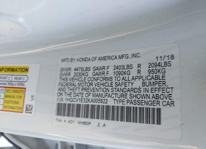 Photo 9 of 2019 Honda Accord SPORT (VIN 1HGCV1E32KA005822)