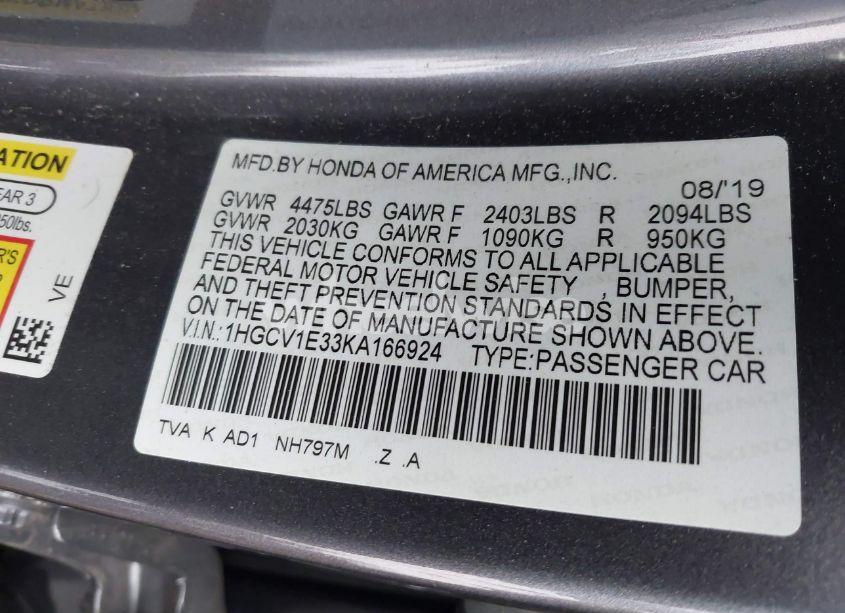 Photo 9 of 2019 Honda Accord SPORT (VIN 1HGCV1E33KA166924)