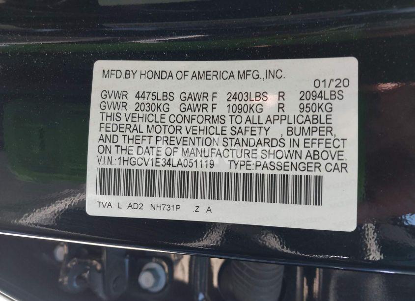 Photo 9 of 2020 Honda Accord SPORT (VIN 1HGCV1E34LA051119)