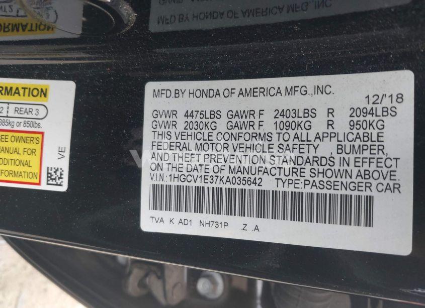 Photo 9 of 2019 Honda Accord SPORT (VIN 1HGCV1E37KA035642)